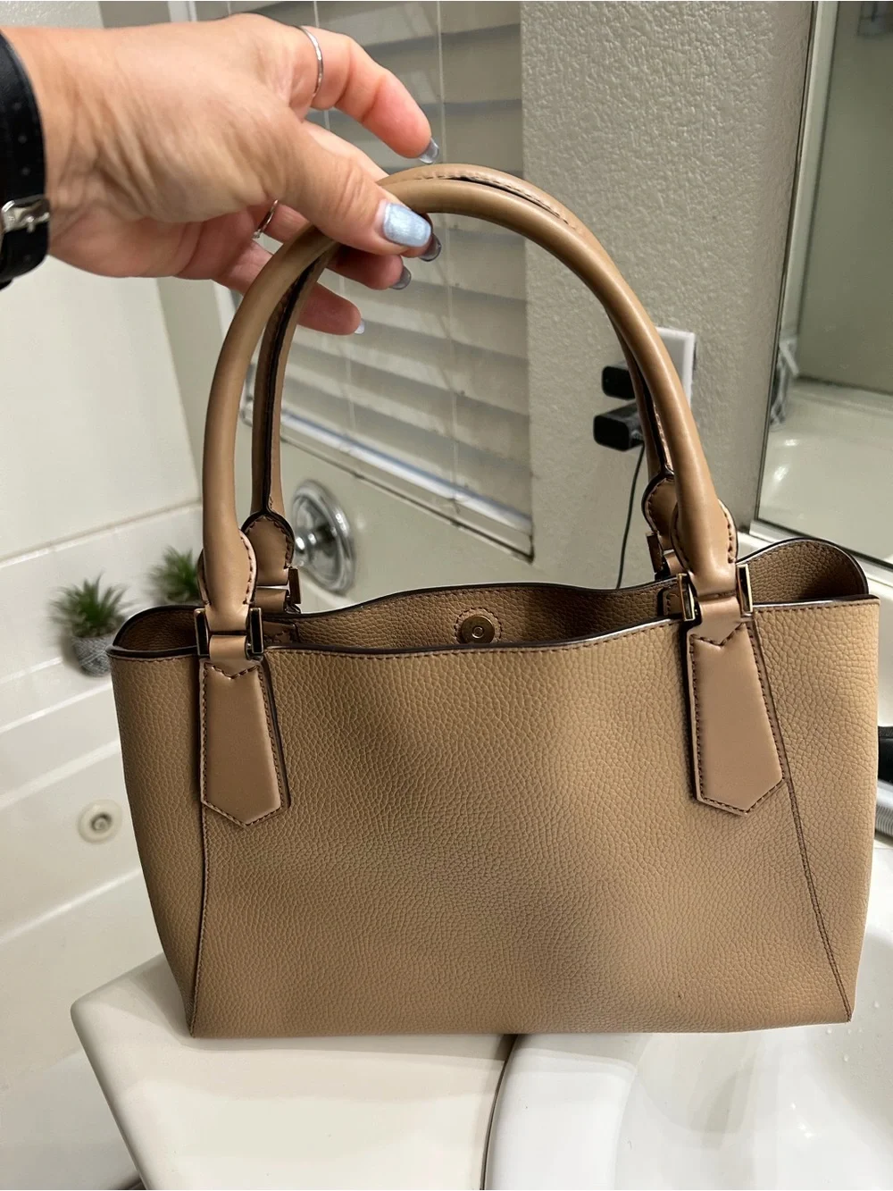 Michael Kors Large Pebbled Leather Satchel Tote Taupe Beige Gold Hardware